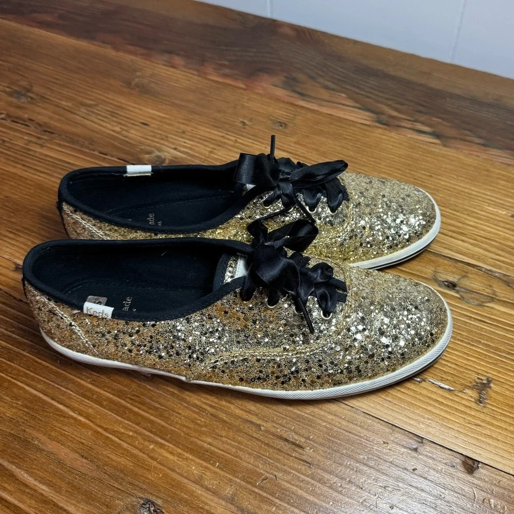Keds X Kate Spade New York Women Gold Glitter Lace-Up Sneakers Black Lace Size 8